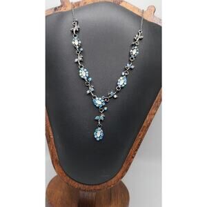Gunmetal AB Rhinestone Floral Necklace Opaline Teardrop Dangle